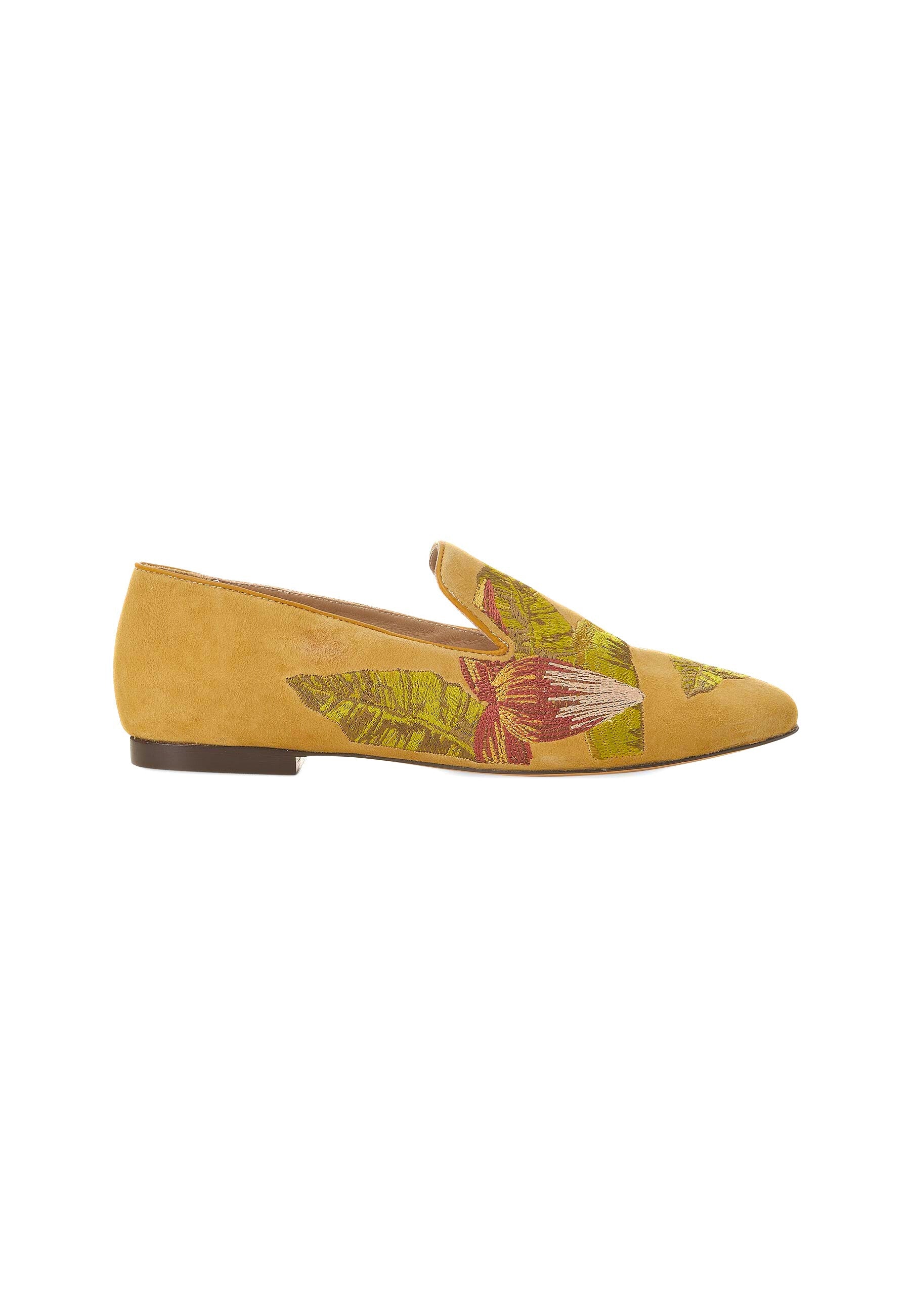 Canela Suede Yellow Leather Embroidered Loafers-0