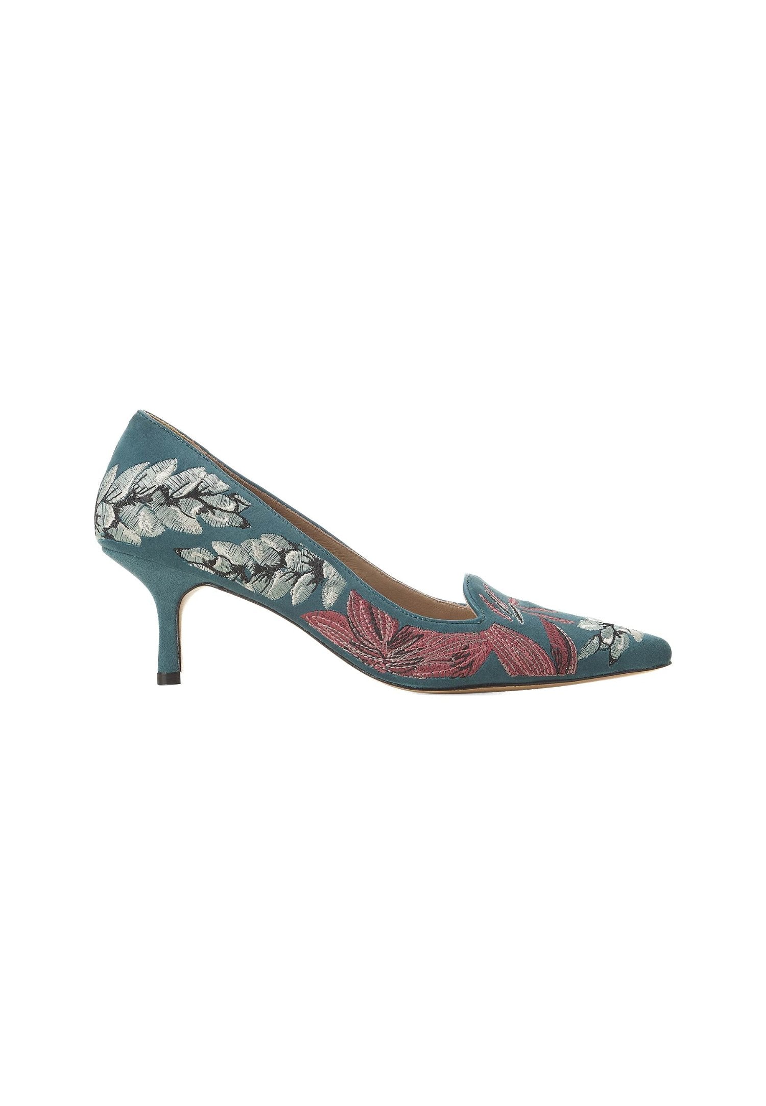 Ipê Suede Turquoise Leather Pumps – 6cm Embroidered Kitten Heel-0