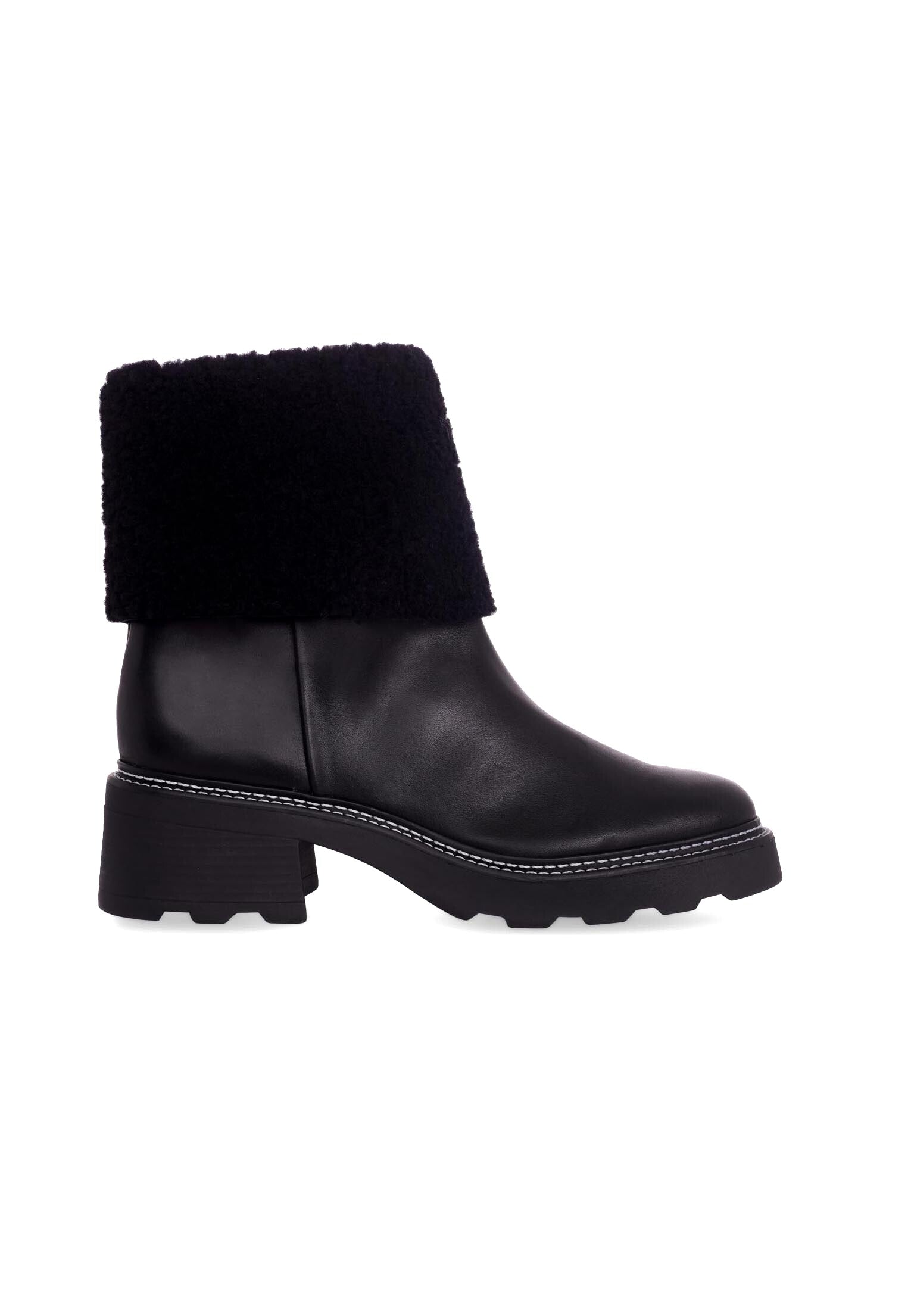 Andira Black Leather Ankle Boots – 5cm Block Heel Shearling Lug Sole-0