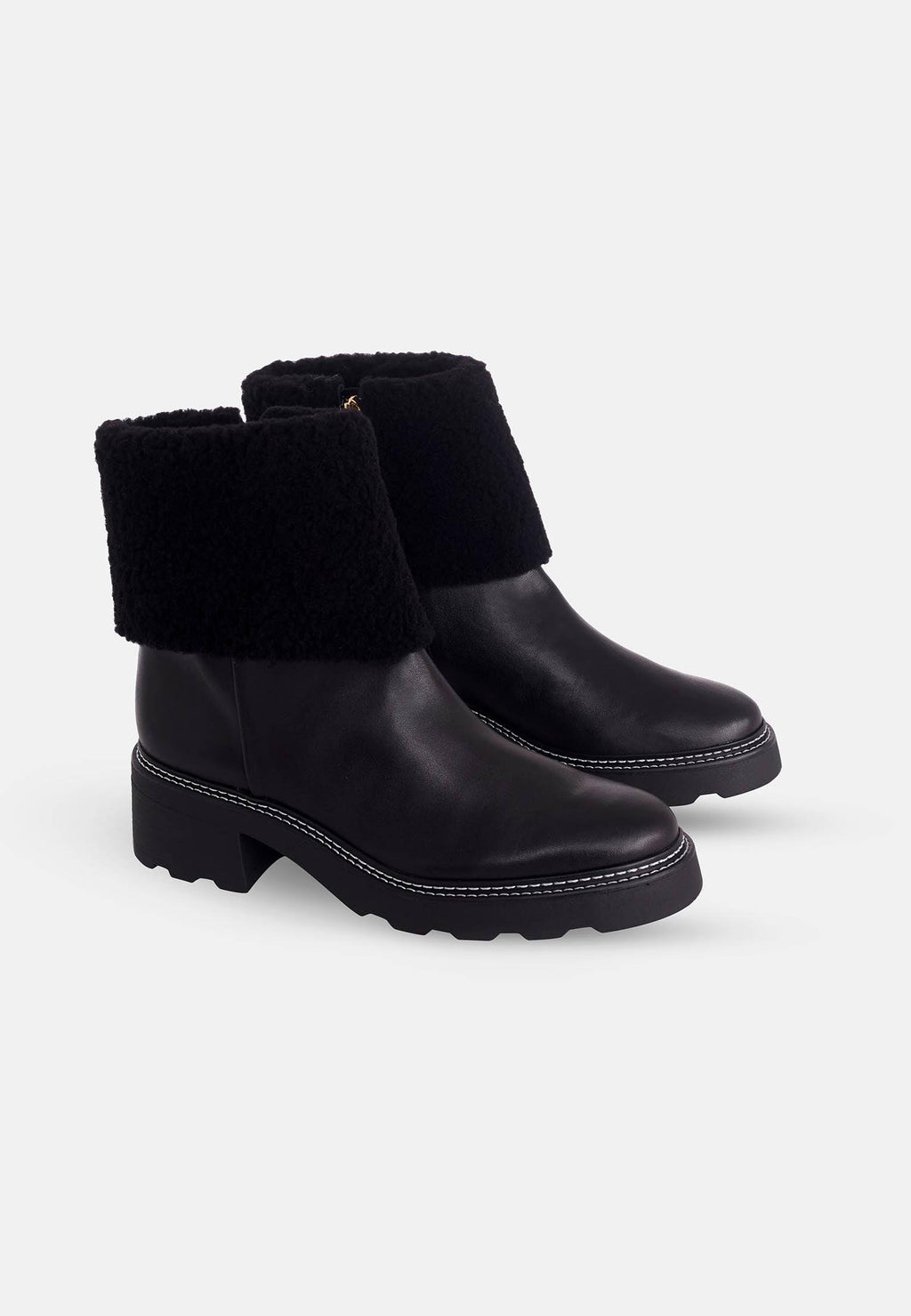 Andira Black Leather Ankle Boots – 5cm Block Heel Shearling Lug Sole-1