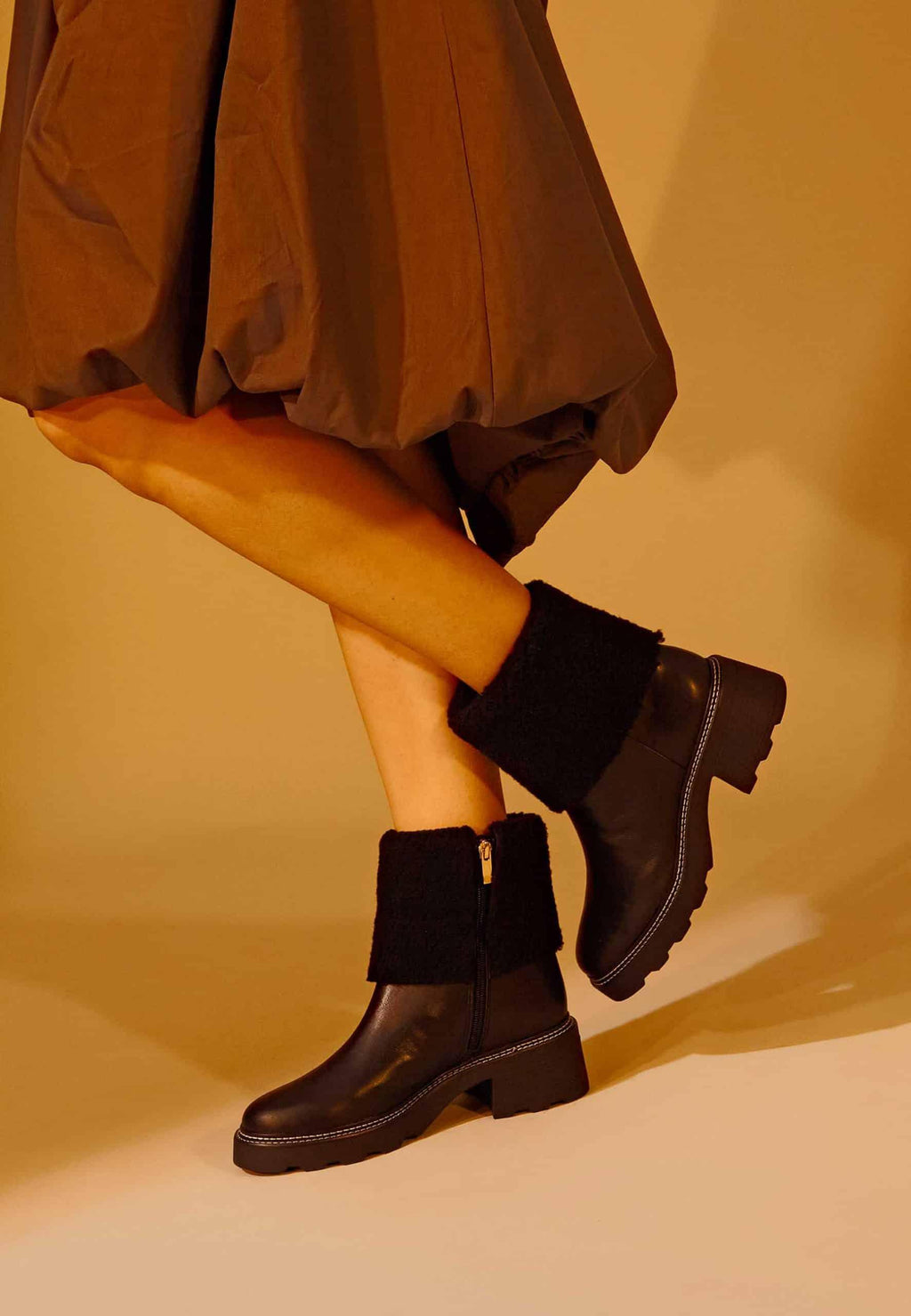 Andira Black Leather Ankle Boots – 5cm Block Heel Shearling Lug Sole-3