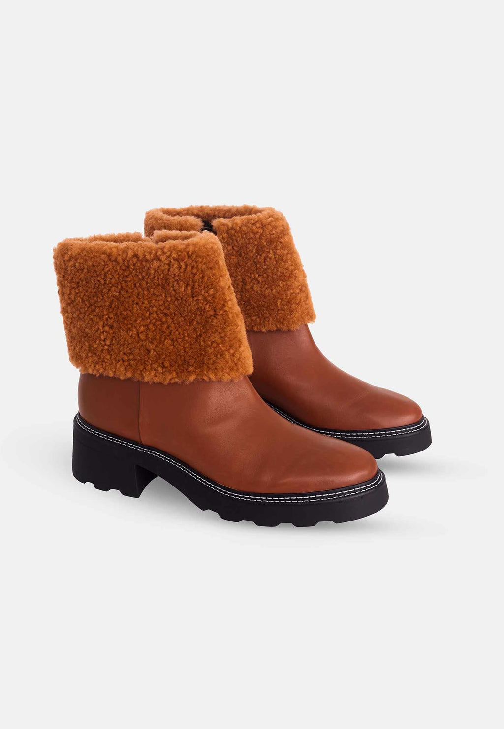 Andira Brown Leather Ankle Boots – 5cm Block Heel Shearling Lug Sole-2