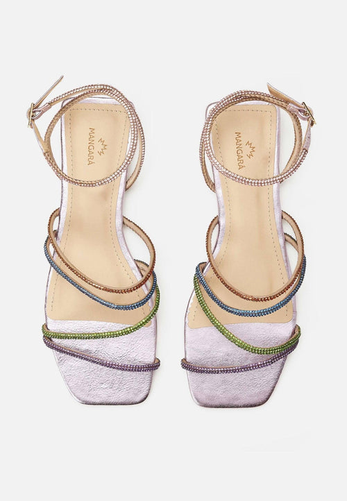 Arca Leather Sandals – 8cm Crystal Straps High Heel Purple