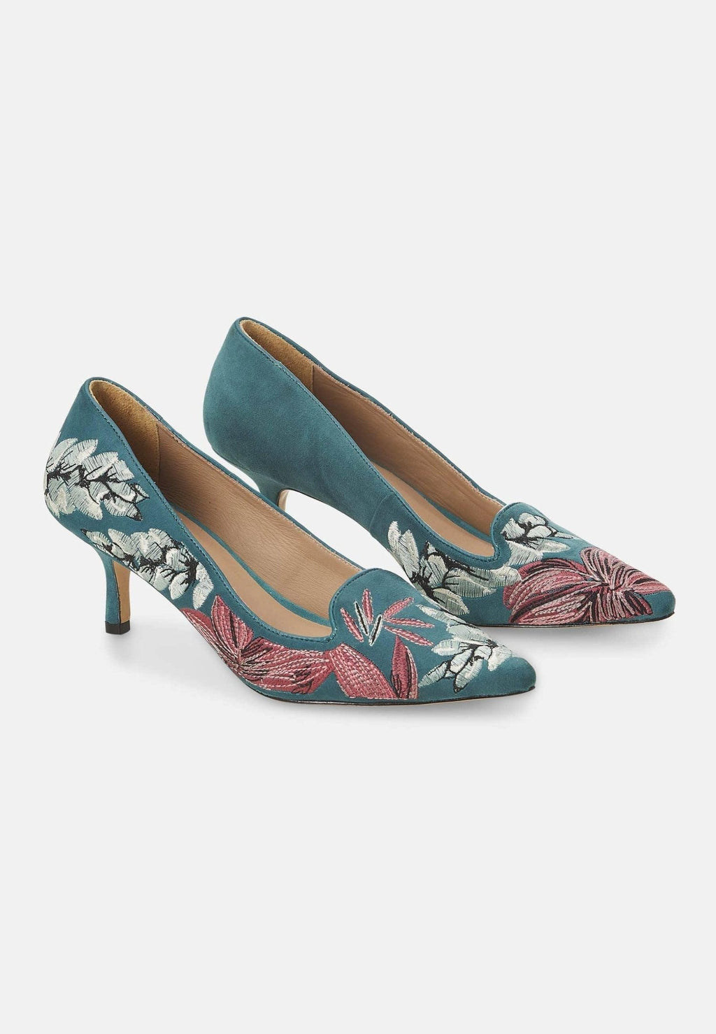 Ipê Suede Turquoise Leather Pumps – 6cm Embroidered Kitten Heel-2