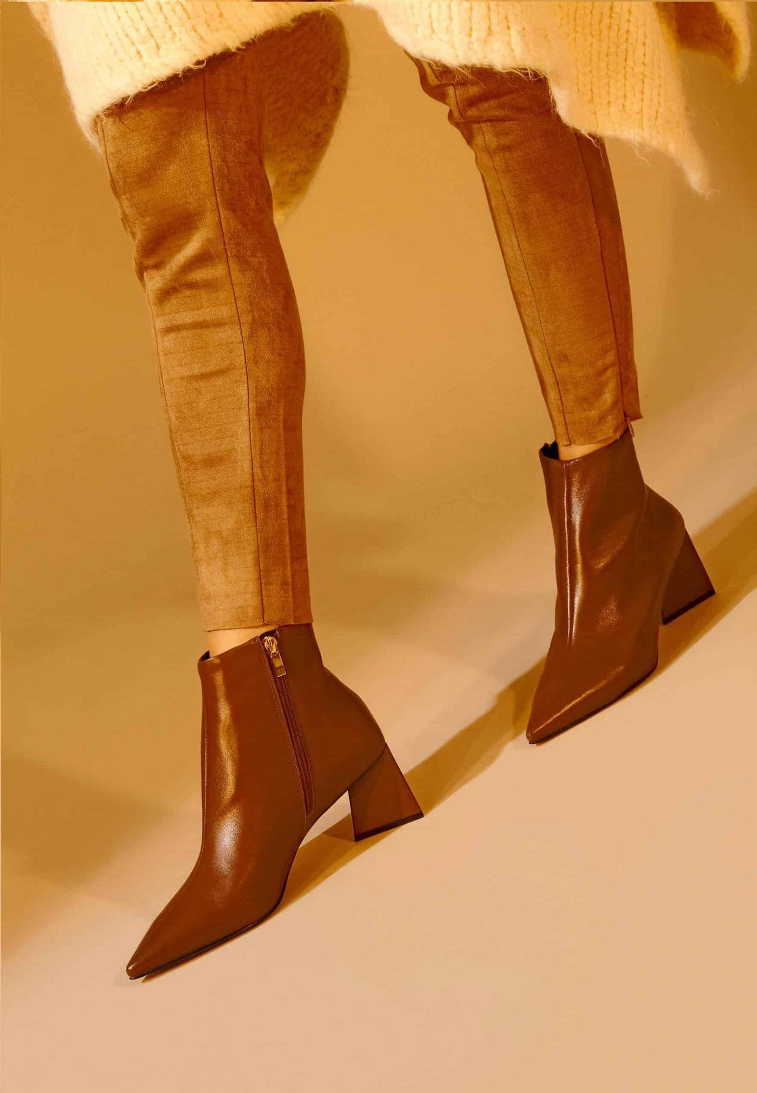 Mabea Brown Sheepskin Ankle Boots – 6.4cm Pointed Block Heel-2
