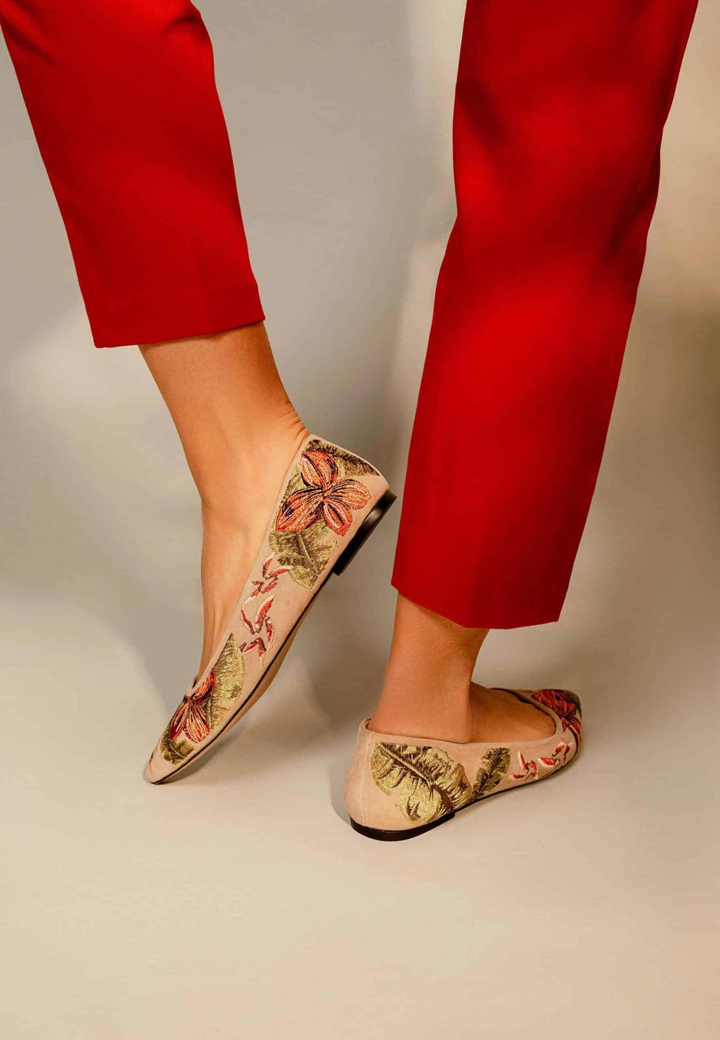 Pindaiva Beige Suede Embroidered Ballerinas-3