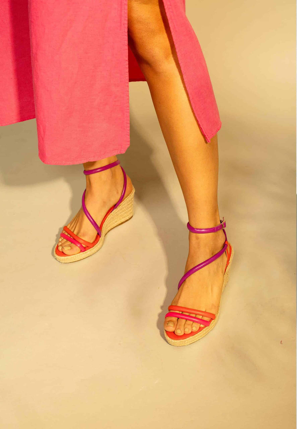 Romã Pink Leather Espadrille Wedges – Jute Platform-1