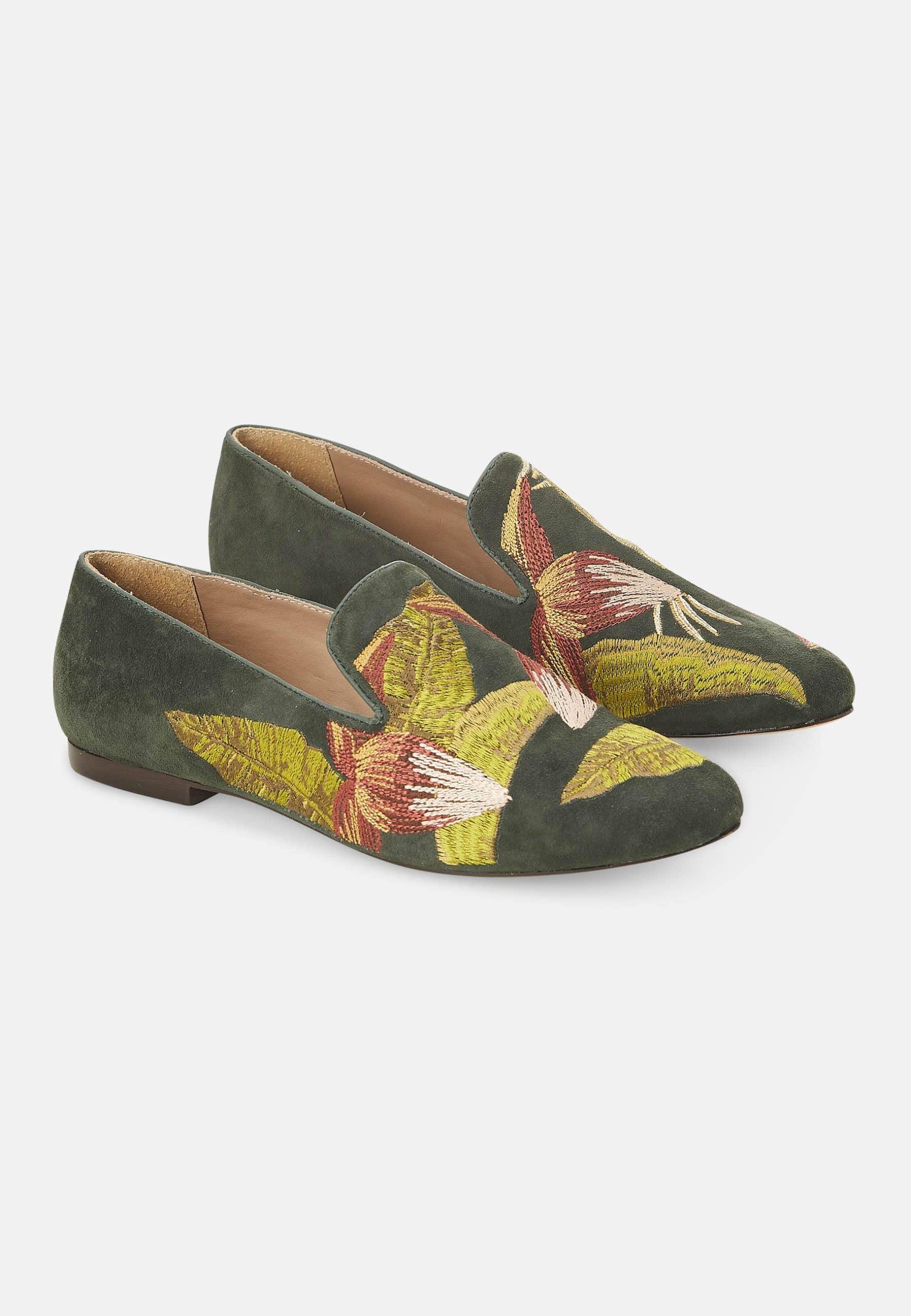 Canela Suede Green Leather Embroidered Loafers-1