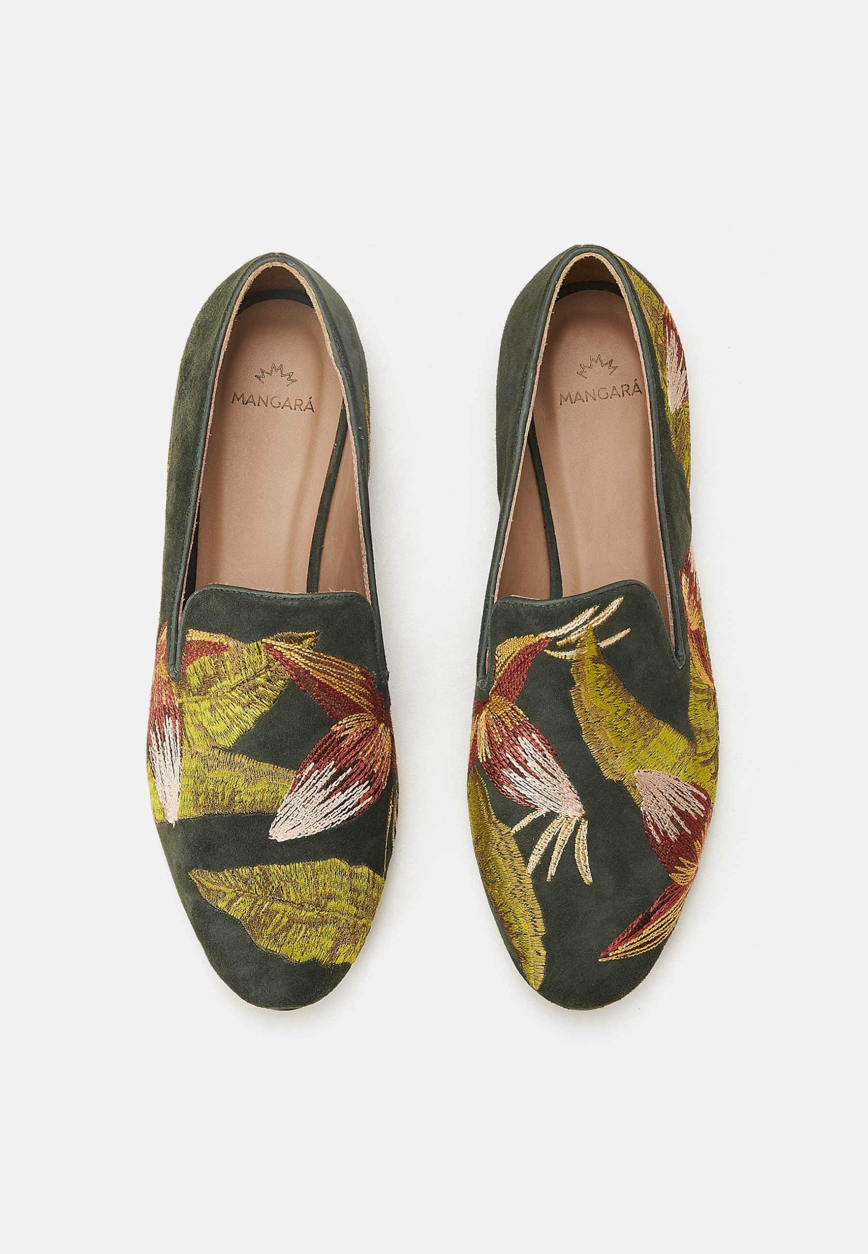 Canela Suede Green Leather Embroidered Loafers-2