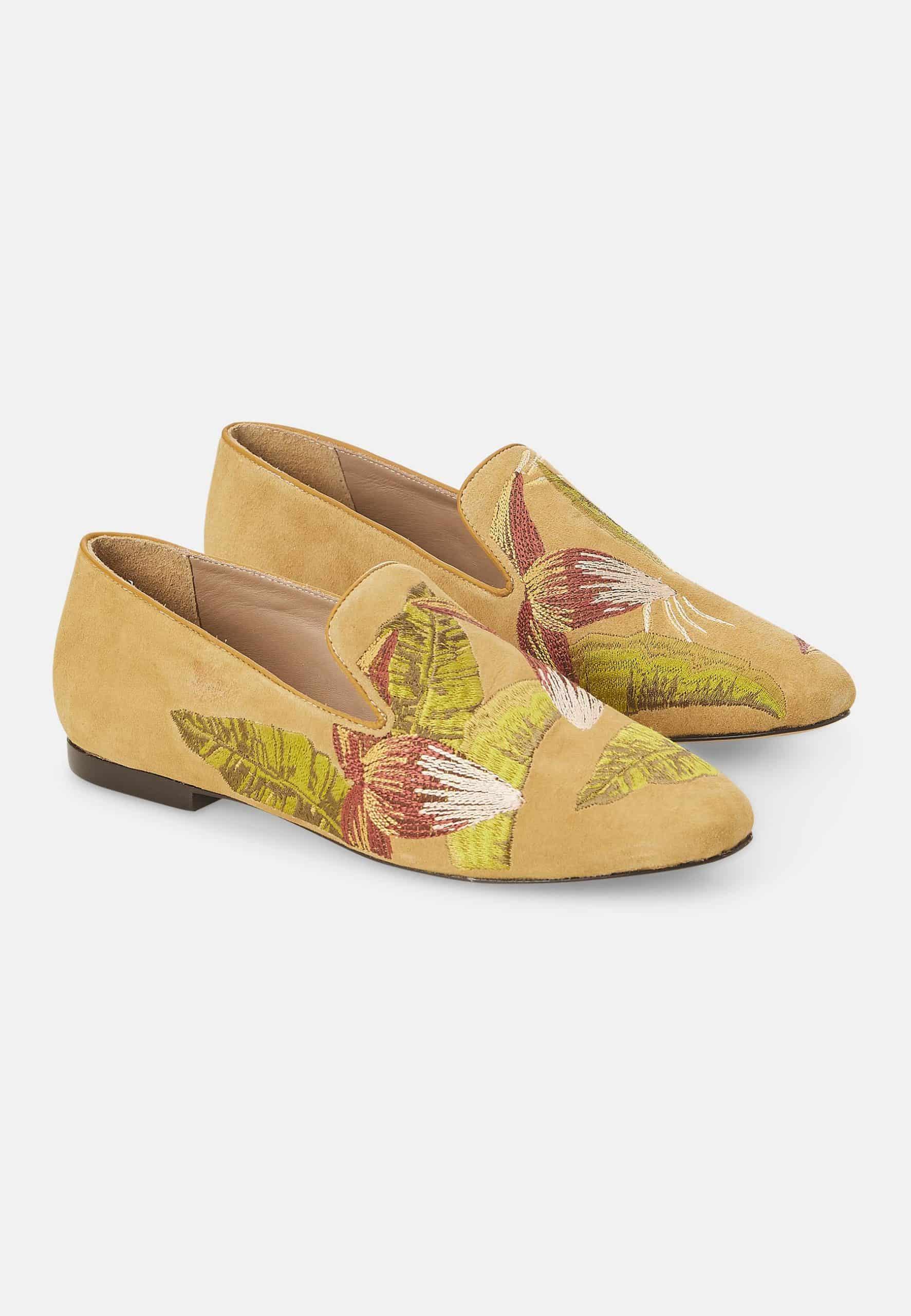 Canela Suede Yellow Leather Embroidered Loafers-1