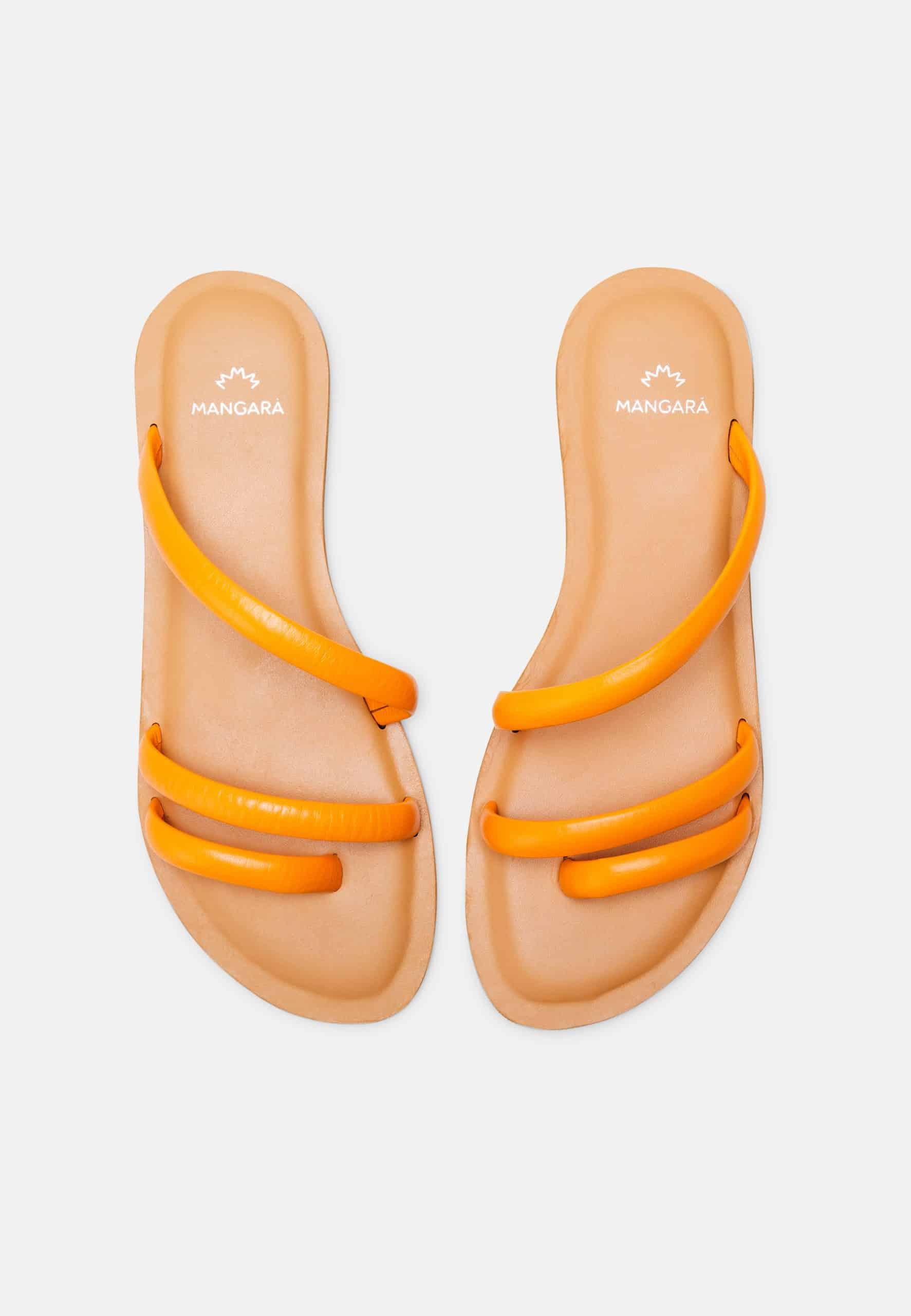Cacau Calf Orange Leather Three-Strap Slide Sandals-2