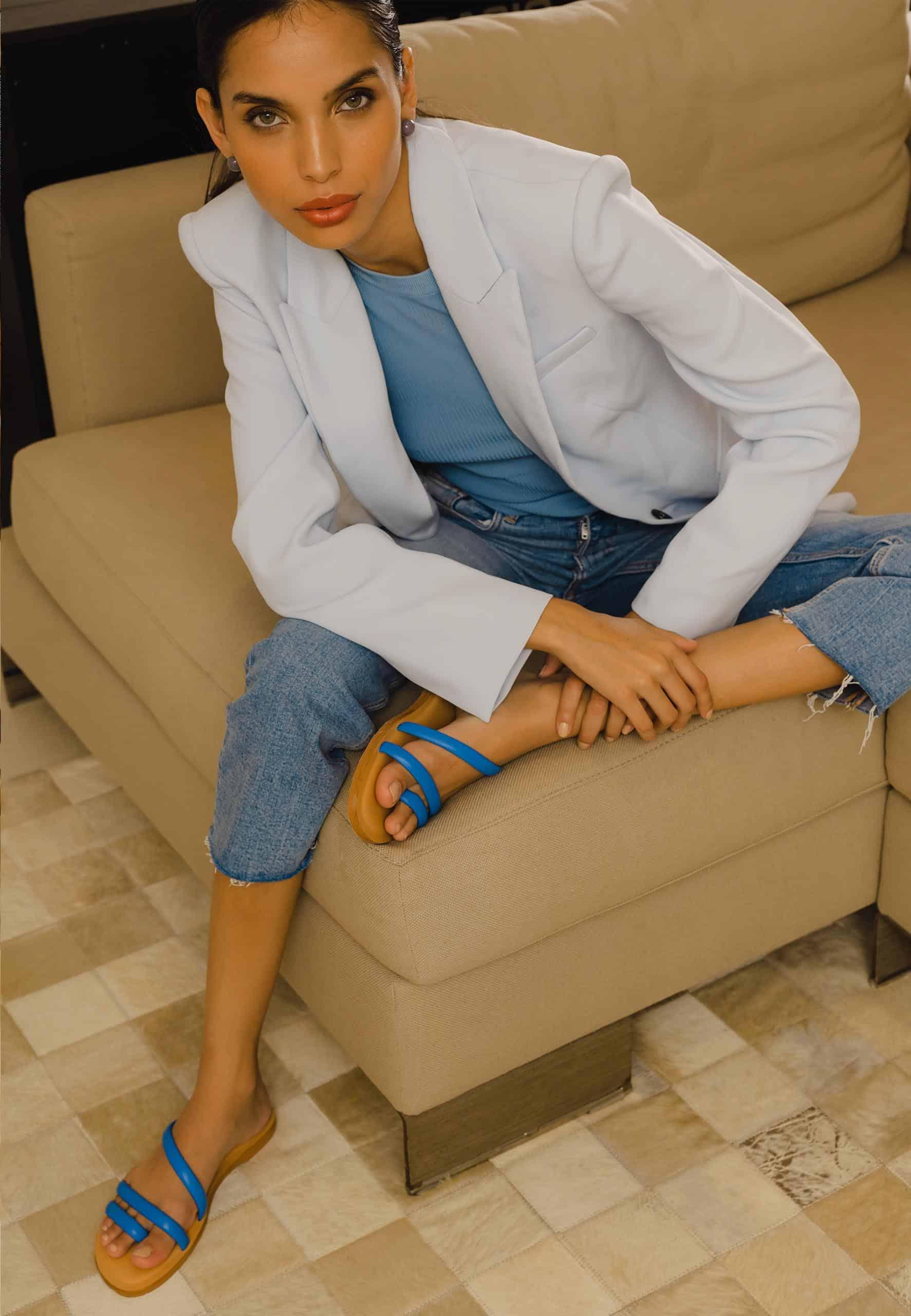 Cacau Calf Blue Leather Three-Strap Slide Sandals