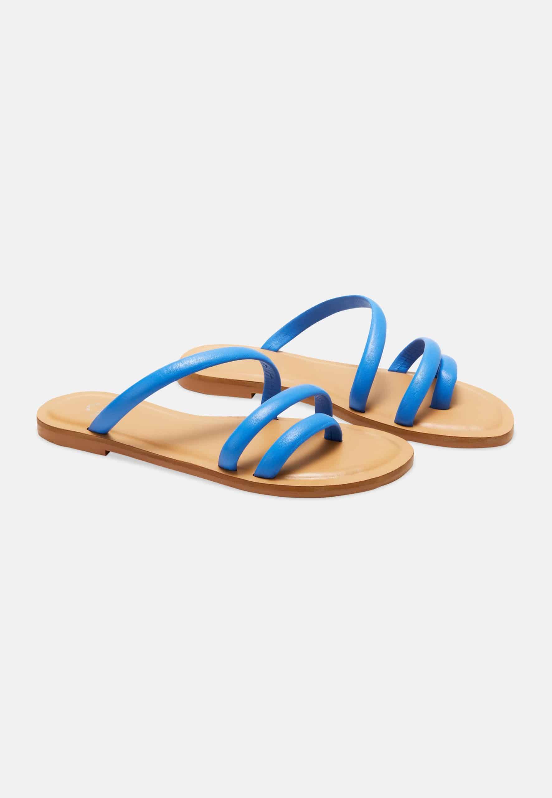 Cacau Calf Blue Leather Three-Strap Slide Sandals