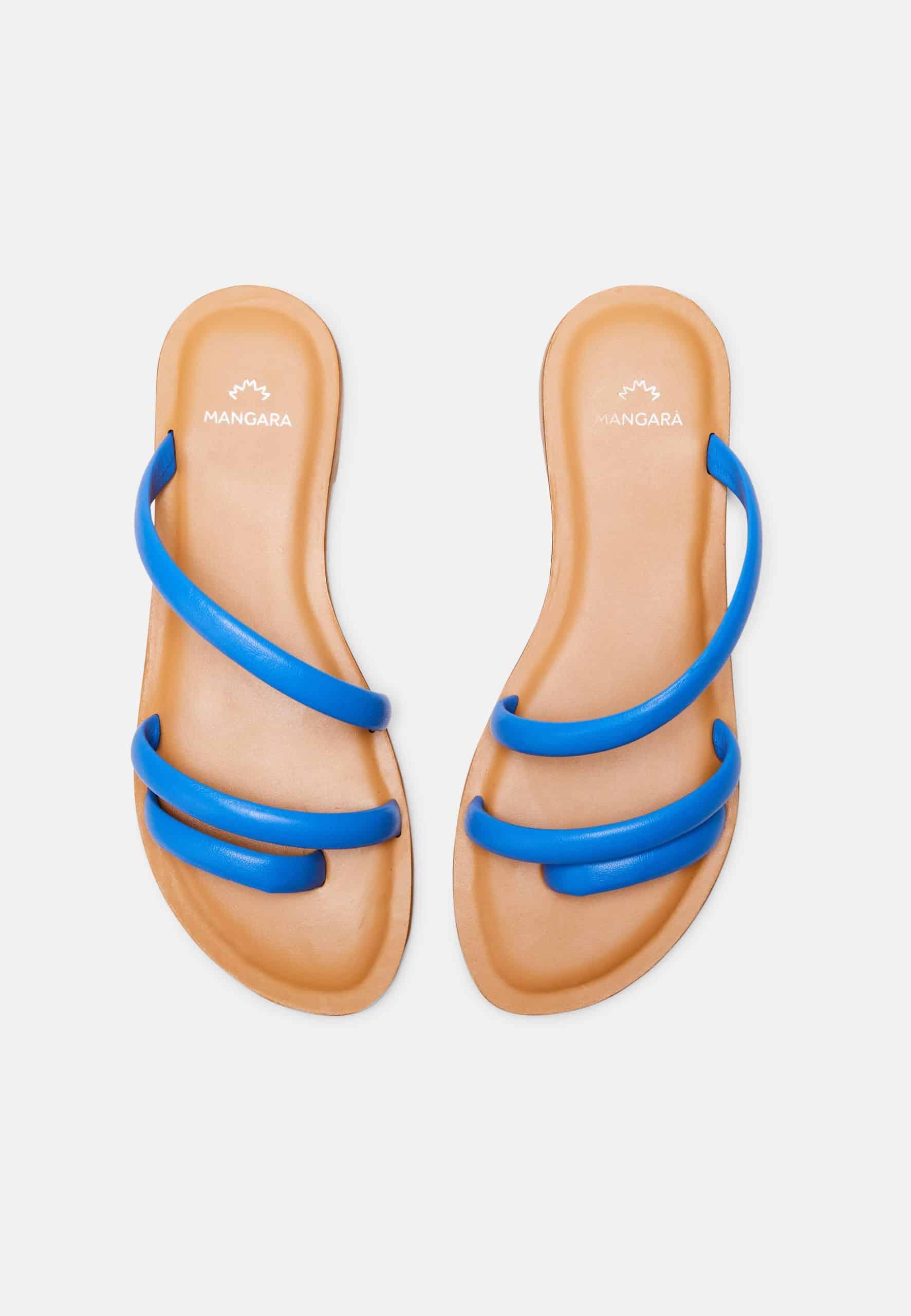 Cacau Calf Blue Leather Three-Strap Slide Sandals