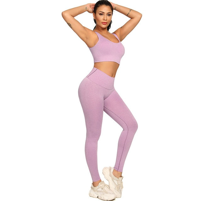 Ribbing Seamless Yoga Sets Fitness Sports Set Tank Crop Top Pants Tracksuit For Women Push Up Work Out Gym  Sportswear Outfits