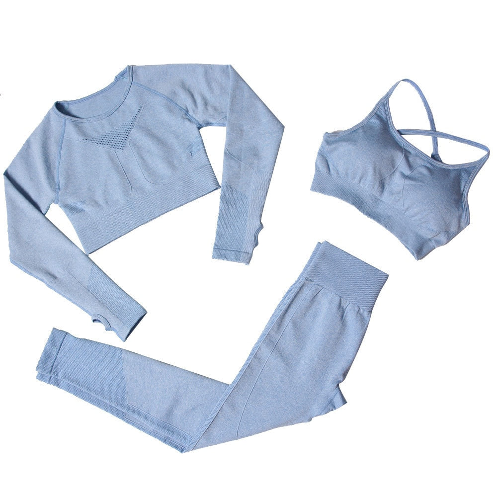 Sportswear Seamless Yoga 3 PCS Set Women Gym Clothes Bra+ Long Sleeve Crop Top High Elastics  Pantalones Fitness Tracksuit