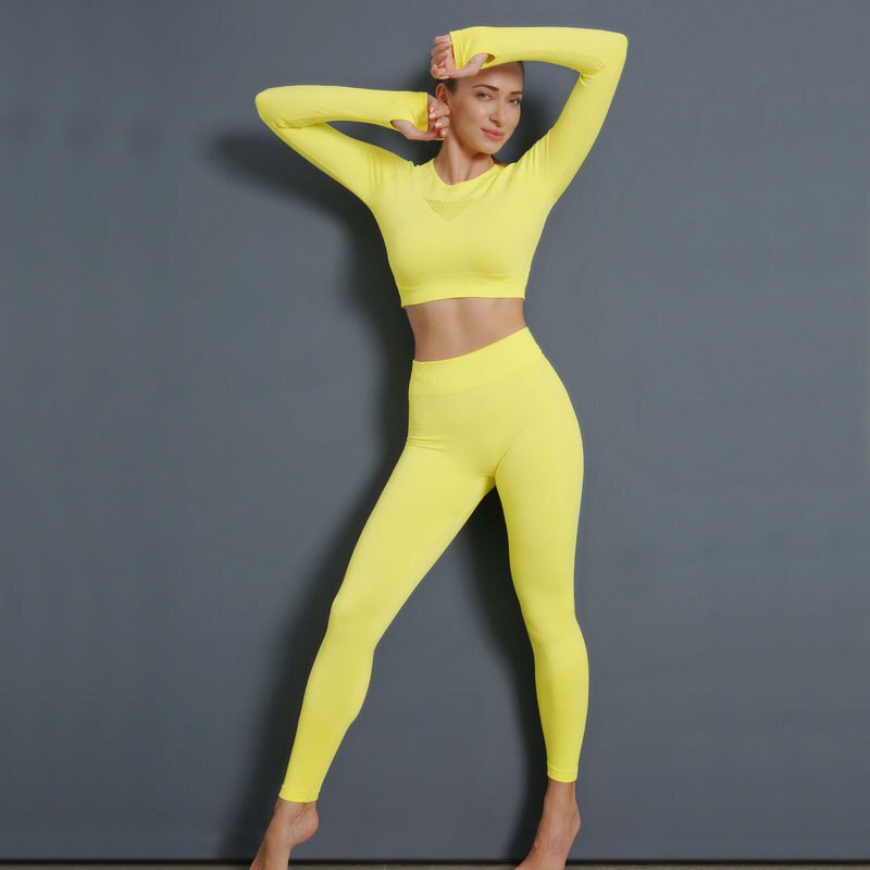 Sportswear Seamless Yoga 3 PCS Set Women Gym Clothes Bra+ Long Sleeve Crop Top High Elastics  Pantalones Fitness Tracksuit