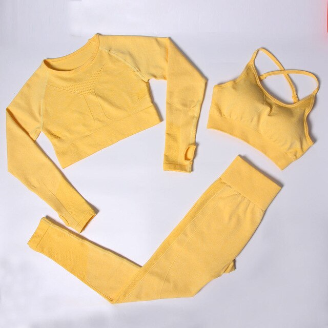 Sportswear Seamless Yoga 3 PCS Set Women Gym Clothes Bra+ Long Sleeve Crop Top High Elastics  Pantalones Fitness Tracksuit