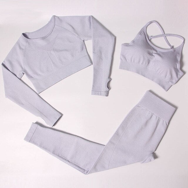 Sportswear Seamless Yoga 3 PCS Set Women Gym Clothes Bra+ Long Sleeve Crop Top High Elastics  Pantalones Fitness Tracksuit