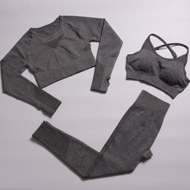 Sportswear Seamless Yoga 3 PCS Set Women Gym Clothes Bra+ Long Sleeve Crop Top High Elastics  Pantalones Fitness Tracksuit