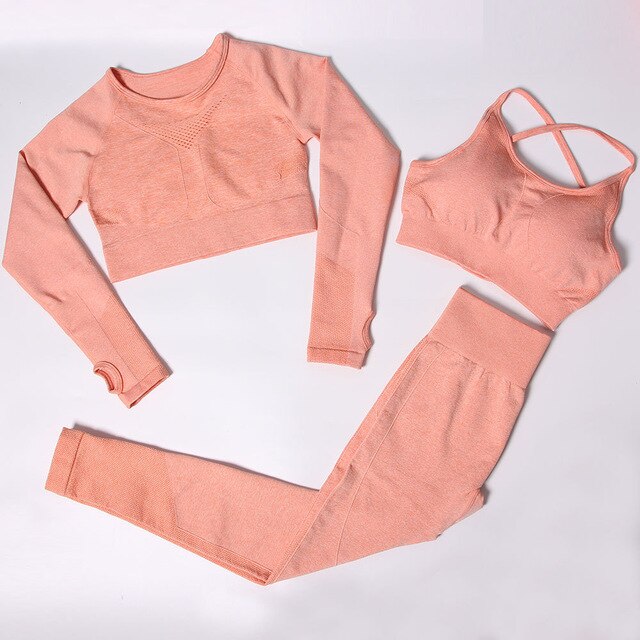 Sportswear Seamless Yoga 3 PCS Set Women Gym Clothes Bra+ Long Sleeve Crop Top High Elastics  Pantalones Fitness Tracksuit