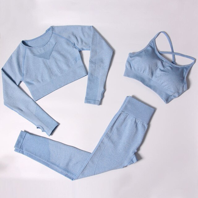 Sportswear Seamless Yoga 3 PCS Set Women Gym Clothes Bra+ Long Sleeve Crop Top High Elastics  Pantalones Fitness Tracksuit